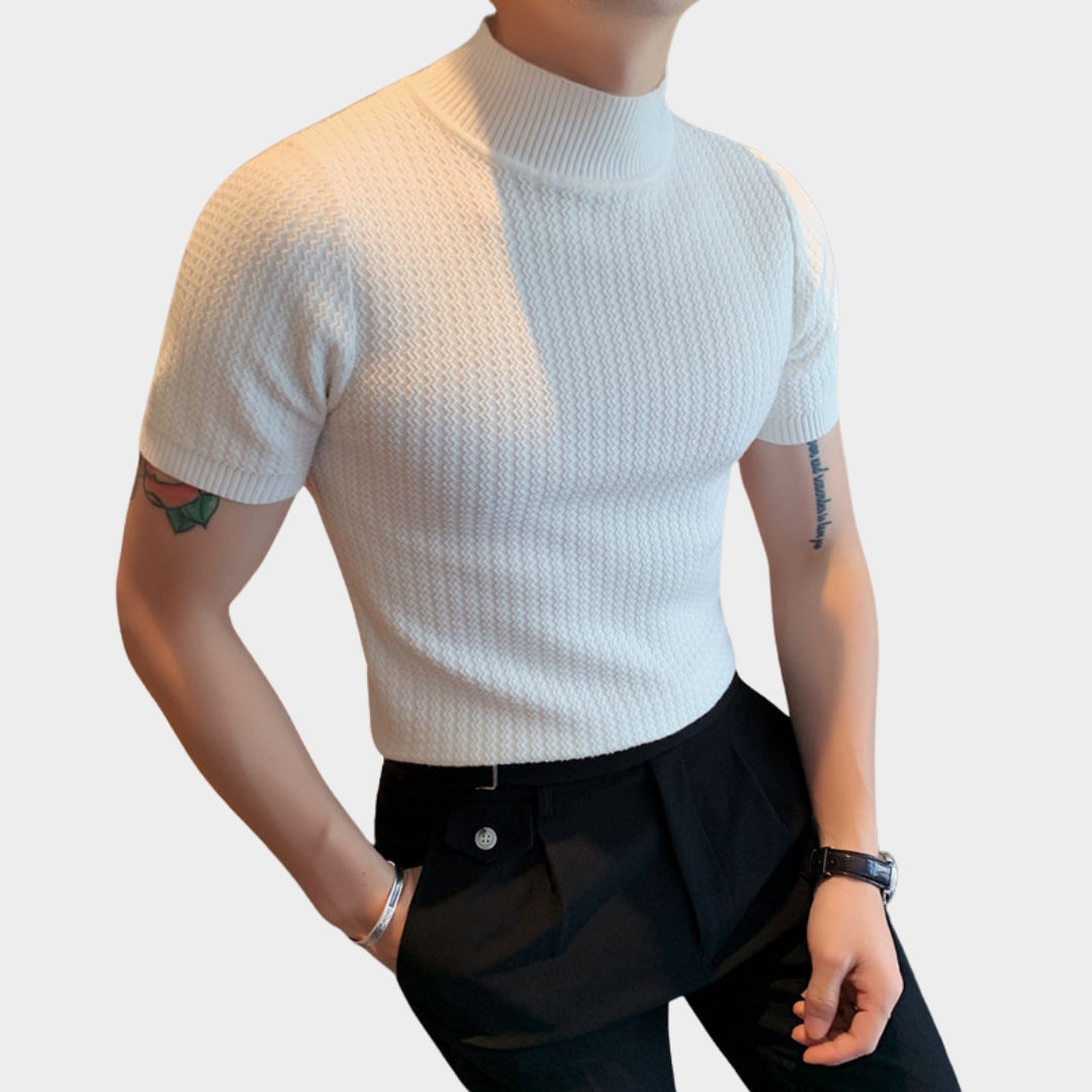 Men’s Short Sleeve Knitted Sweater – Slim Fit Half High Neck Pullover, Black, White, Blue