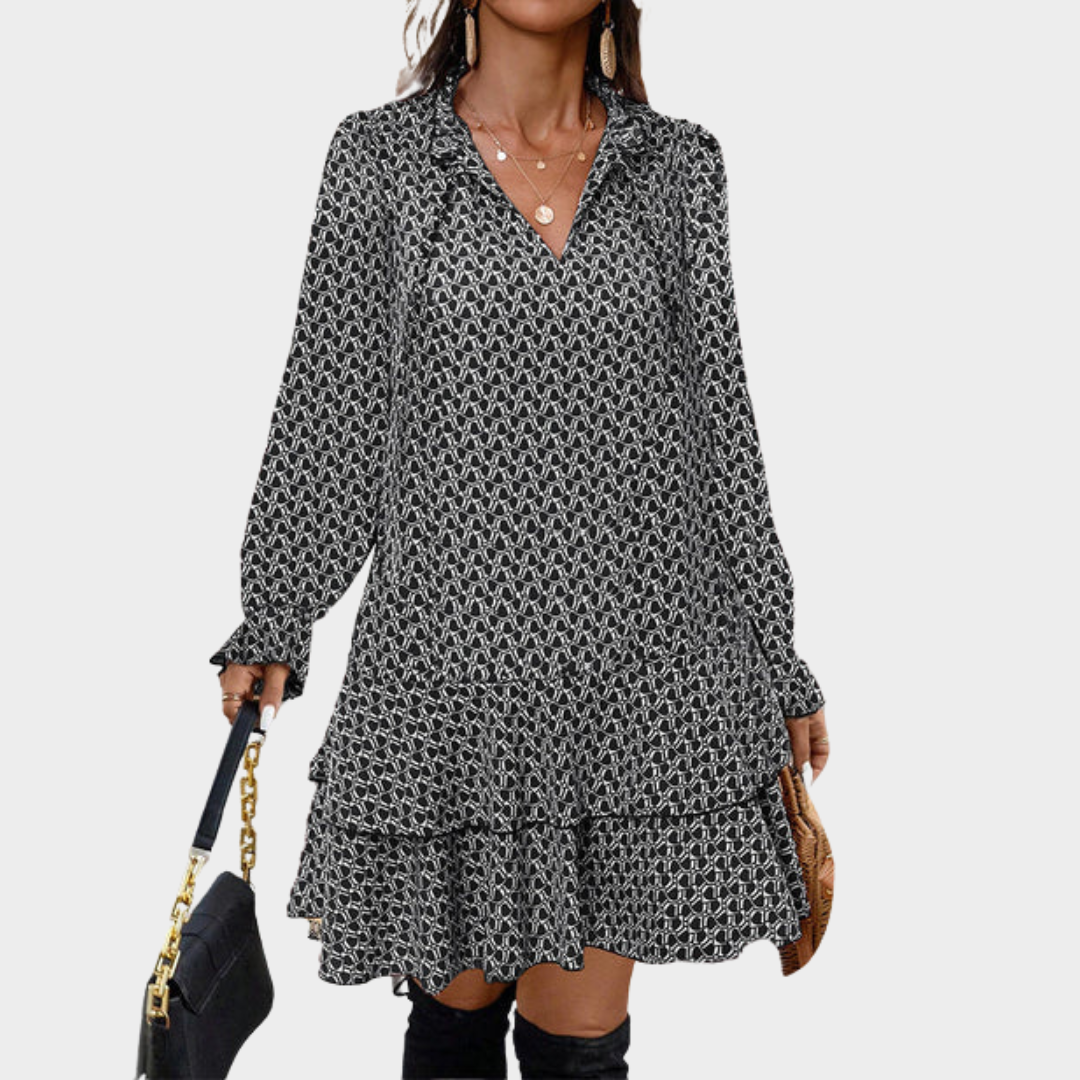 Women's Bohemian Tie-Up V-Neck Dress – Long Sleeve – Relaxed Fit – Lightweight Printed Fabric – Multiple Colours
