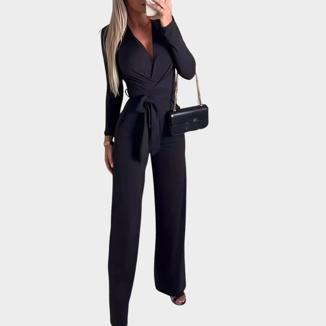 Women’s Long Sleeve Jumpsuit – V-Neck Slim Fit – Lace-Up Waist – Full-Length Pants – Soft Stretch Fabric – Multiple Colours
