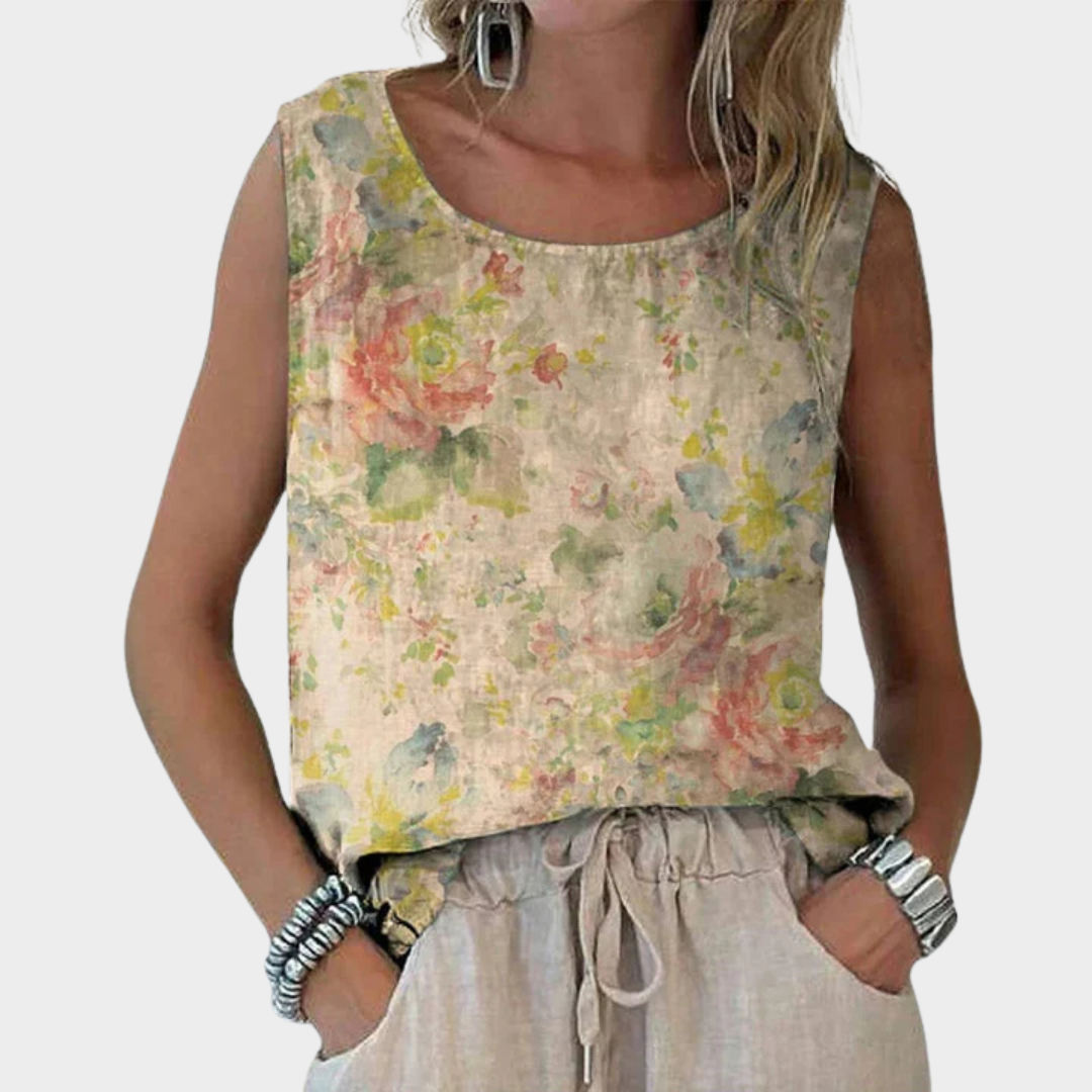 Women’s Tank Top – Sleeveless Round Neck Floral Print Vest – Soft Cotton-Poly Blend – Lightweight, Relaxed Fit – Beige
