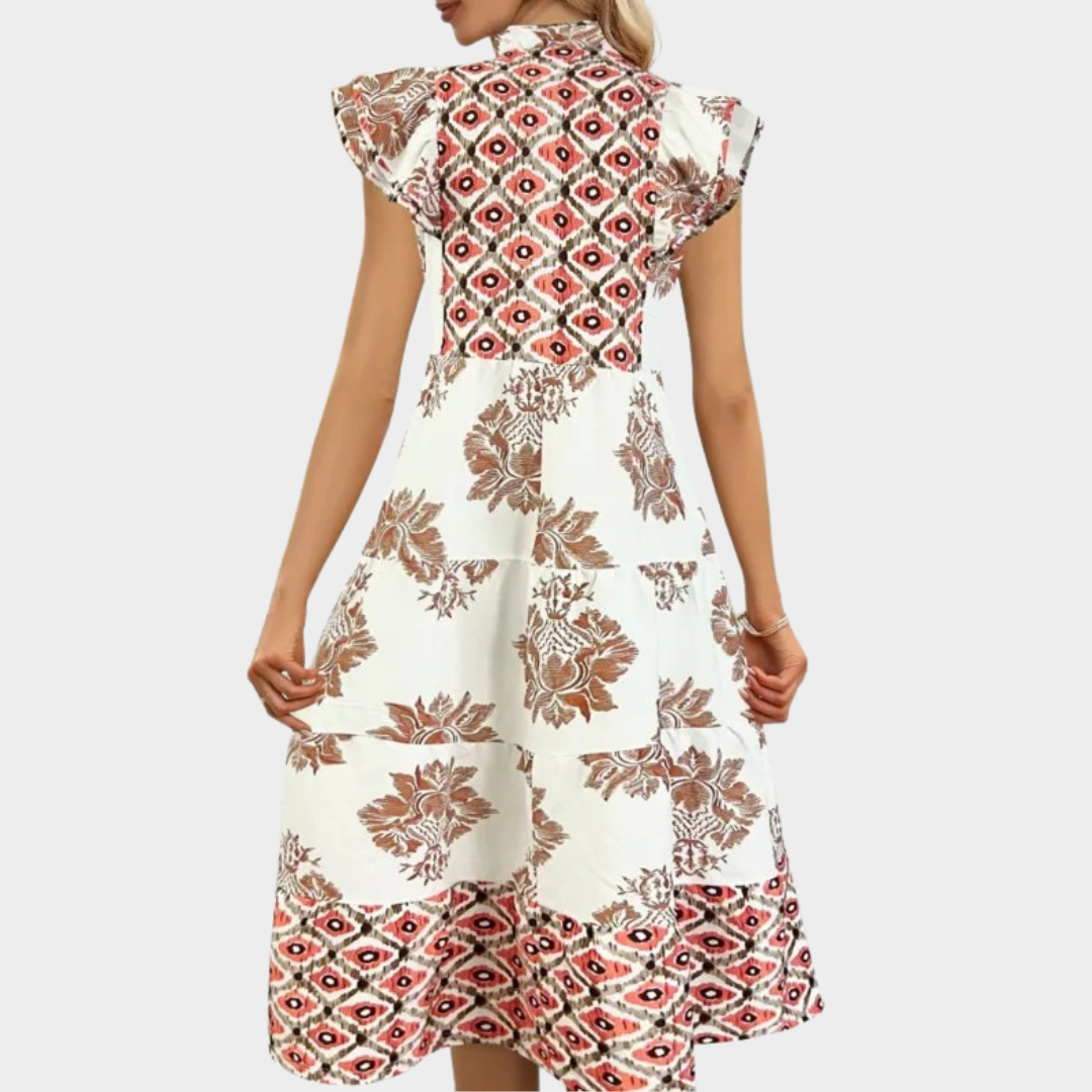 Women Ruffled Dress – Printed Lantern Sleeve – Irregular Hem – Casual Fit – Multiple Colours