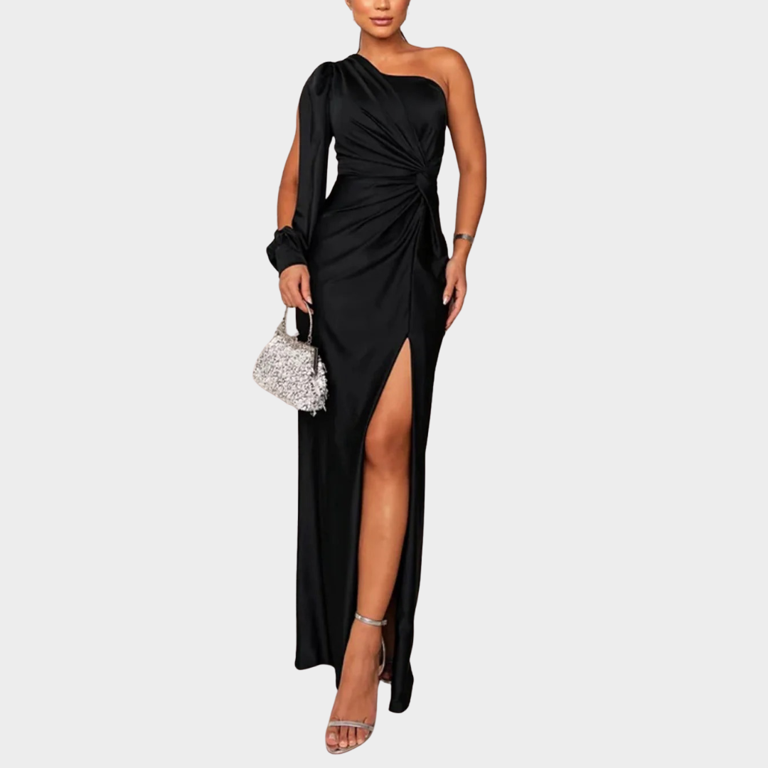 Women Evening Maxi Dress – Elegant Party Long Dress with Backless Split Design and Diagonal Collar Tight Waist Silhouette – Multiple Colours