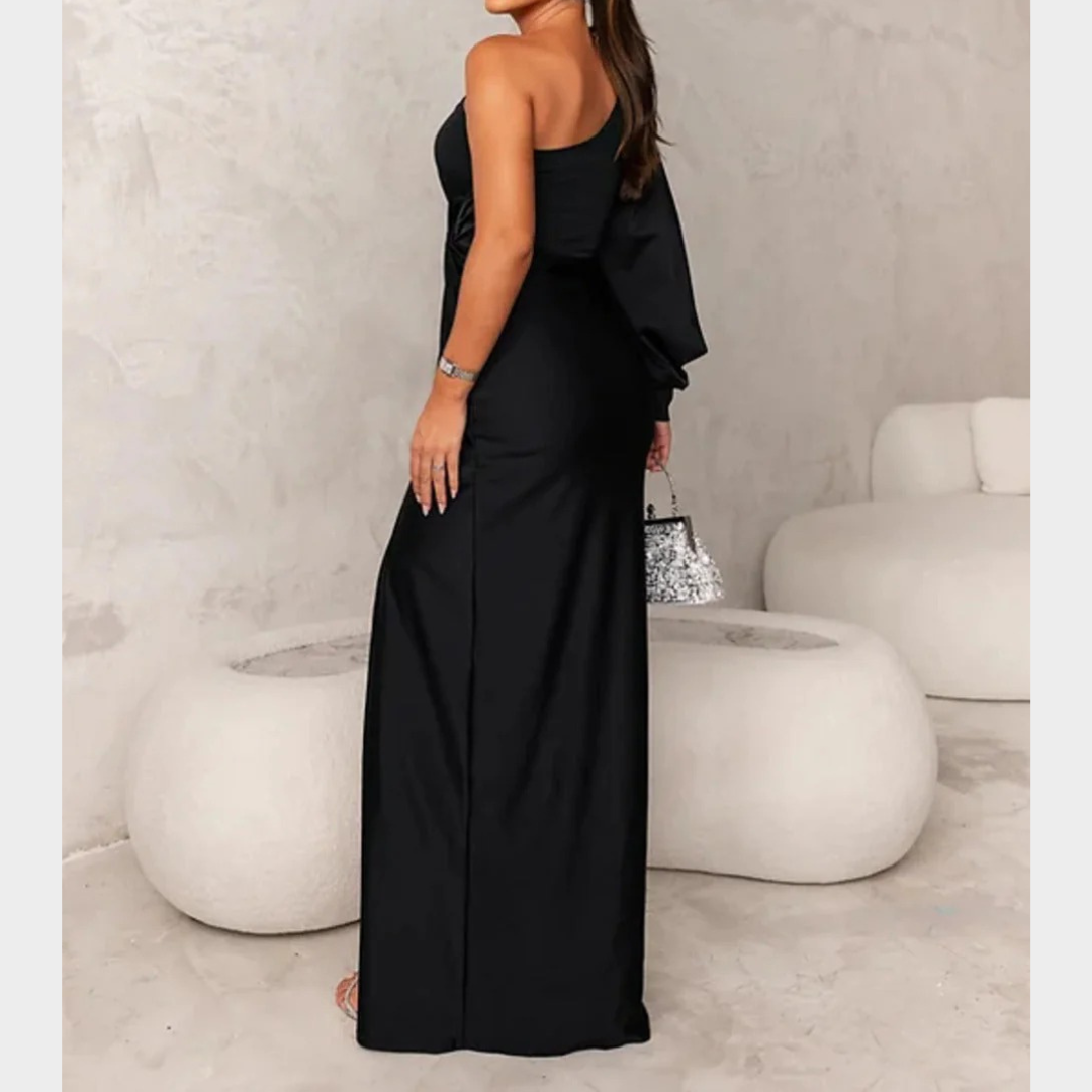 Women Evening Maxi Dress – Elegant Party Long Dress with Backless Split Design and Diagonal Collar Tight Waist Silhouette – Multiple Colours