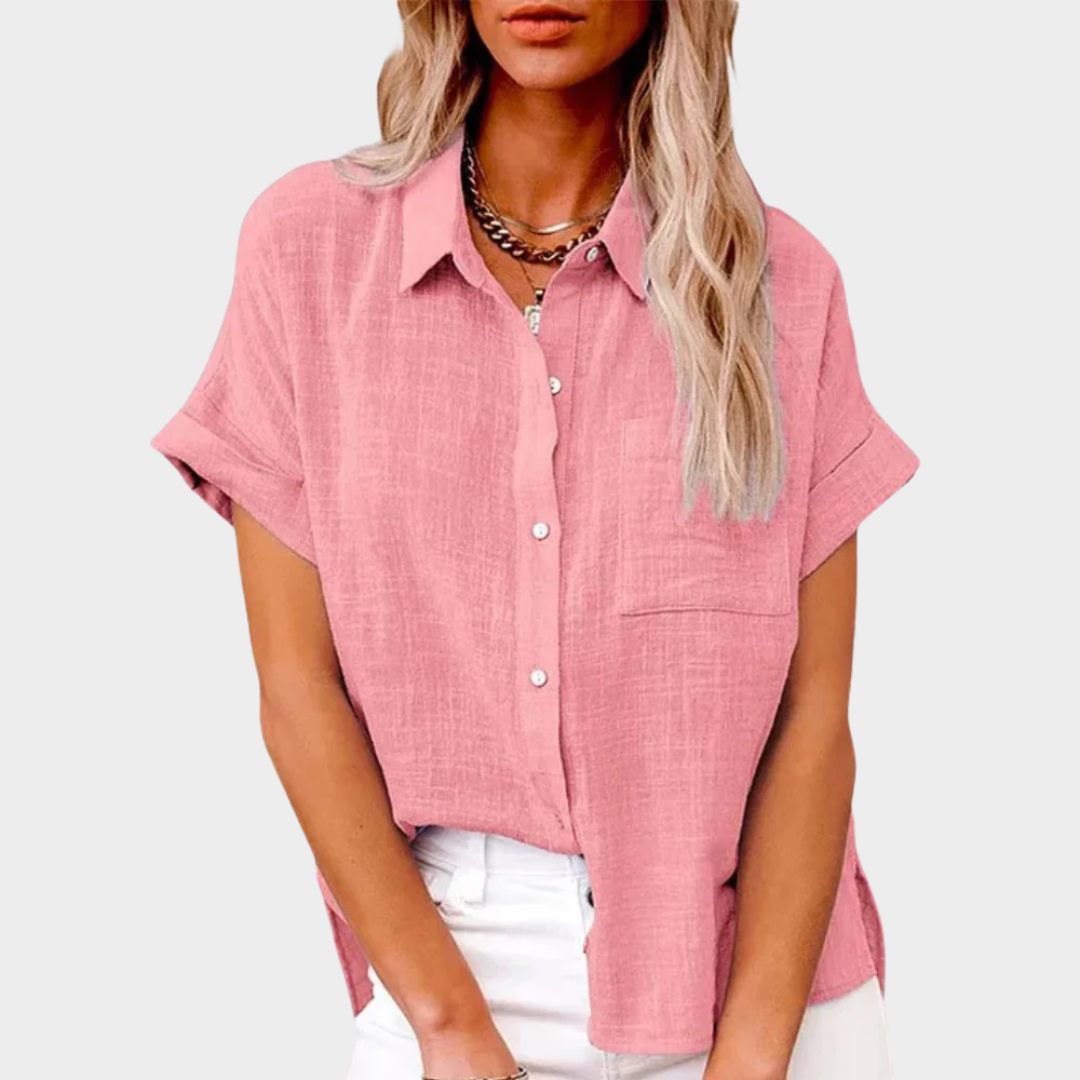 Women's Cotton Linen Shirt – Short Sleeve Lapel Collar – Button Down Casual Blouse – Lightweight Fabric – Multiple Colours