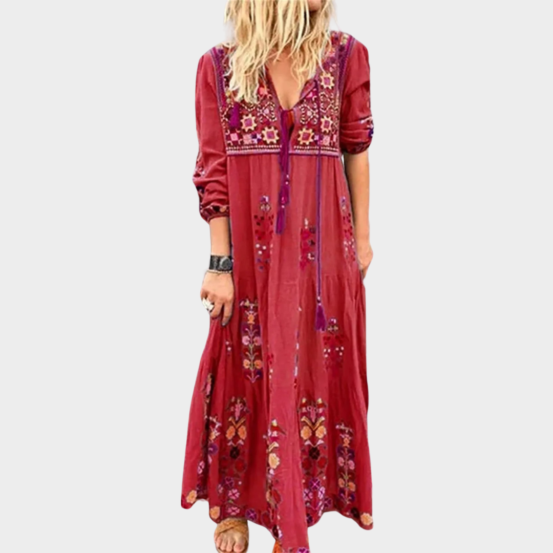 Indie Folk Loose Maxi Dress – Women’s Casual V-Neck Linen Dress – Lantern Sleeve – Flowing Fit – Multiple Colours