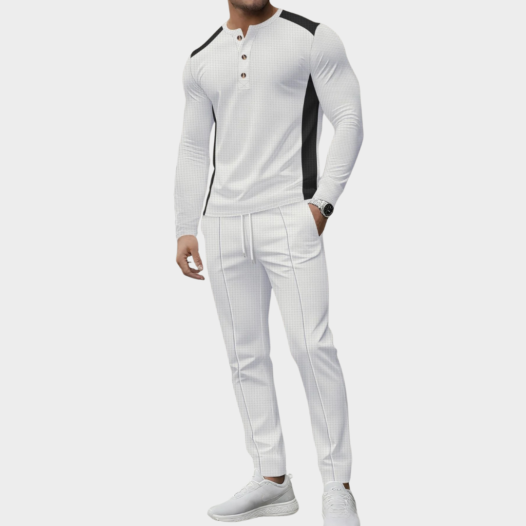 Men’s Two-Piece Set – High Collar Long Sleeve Henley Shirt with Button-Up and Matching Pants – Multiple Colours