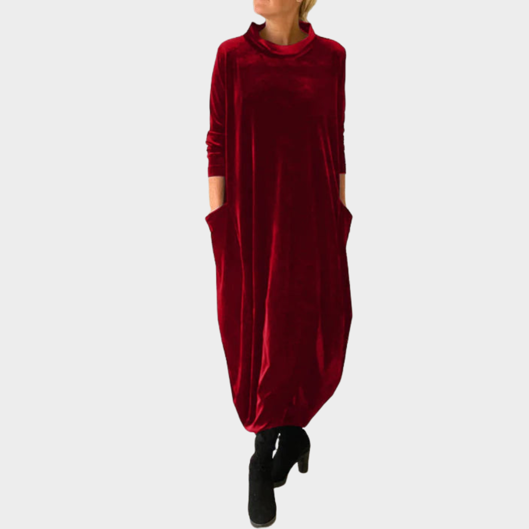Women's Vintage Long Dress – O Neck Loose Fit – Velvet Casual Party Dress – Multiple Colours