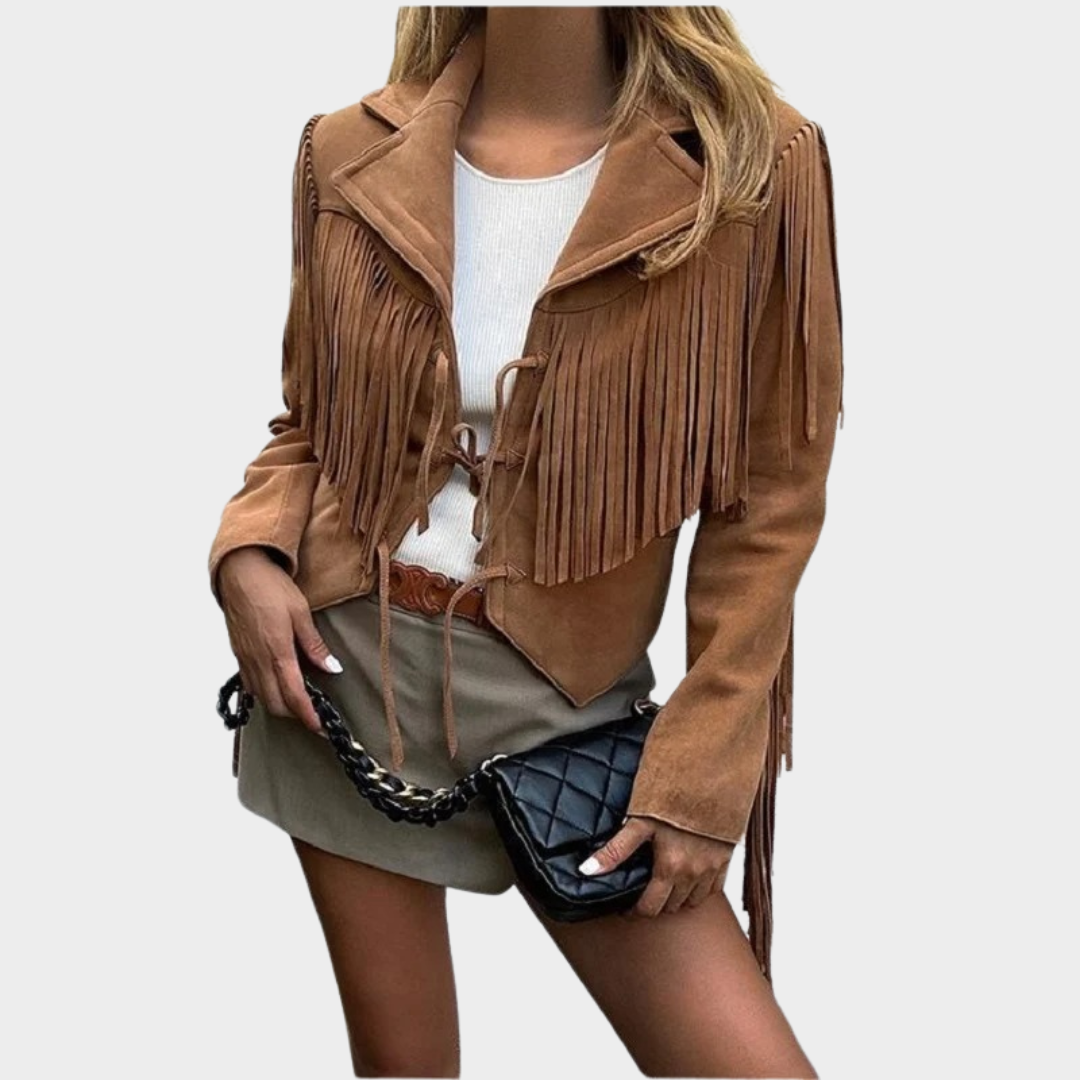 Women’s Slim Fit Leather Jacket – Genuine Sheepskin with Tassel & Lace-Up Detail – Kid Suede Finish – Short Moto Style – Brown