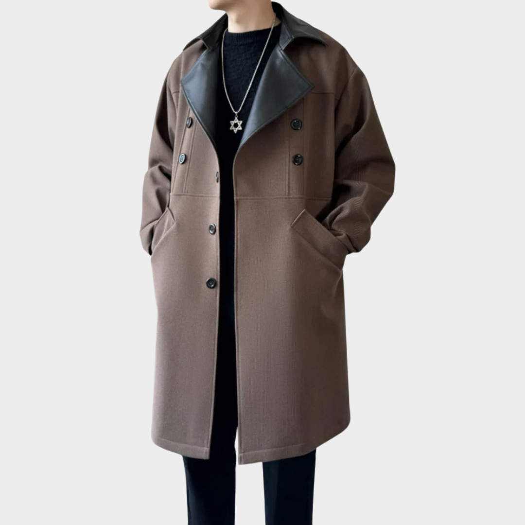 Men Long Coat – Wool Blend Relaxed Fit Double Breasted Notch Lapel Contrast Collar – Multiple Colours