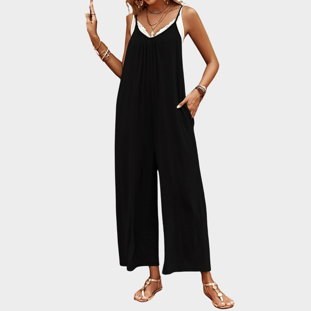 Women’s Solid Color Jumpsuit – Wide-Leg Casual Back Button Pleat Design in Black, Loose Fit