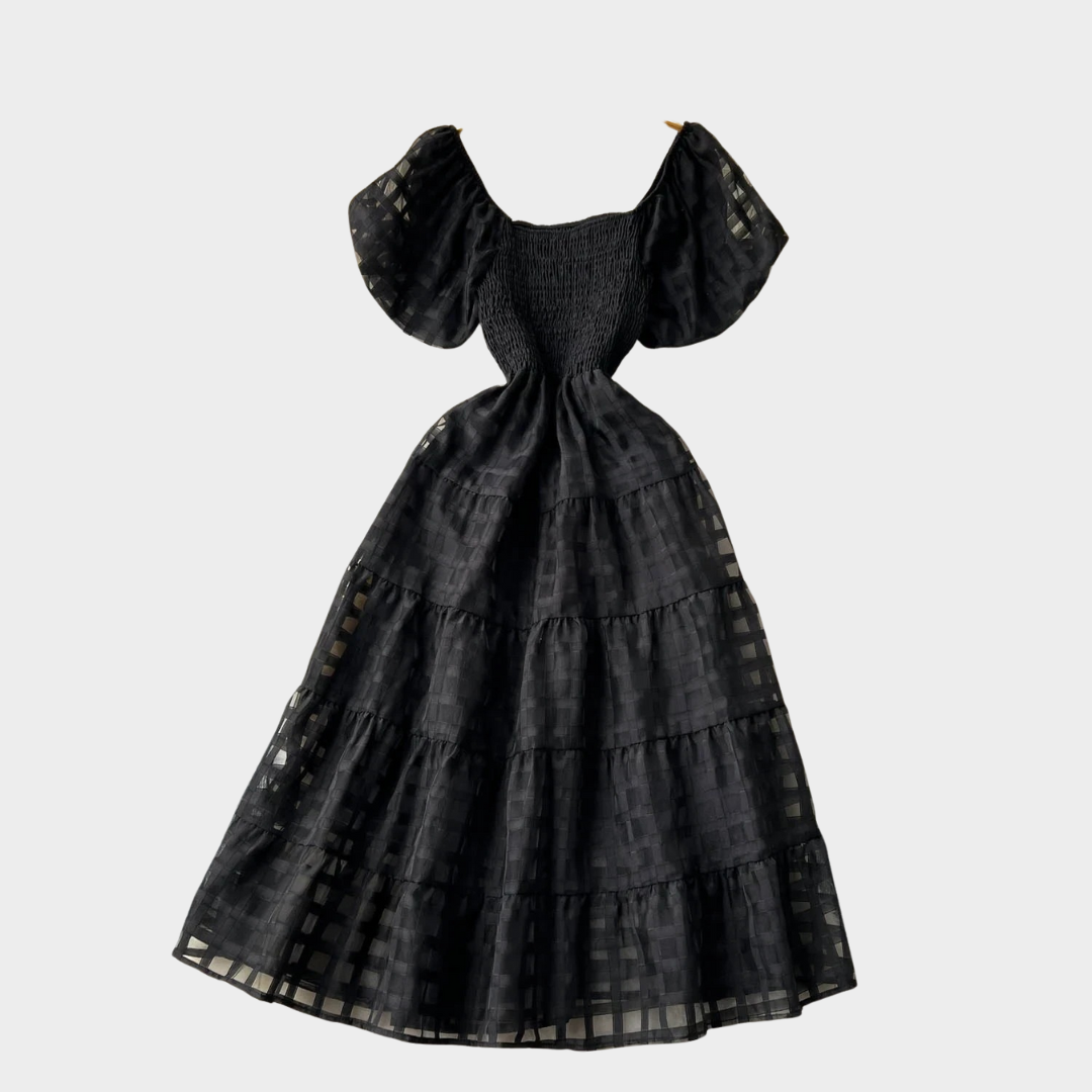 Women Slim Fit Dress – Short Sleeve French Vintage Style with Puff Sleeves and Square Neck – Multiple Colours