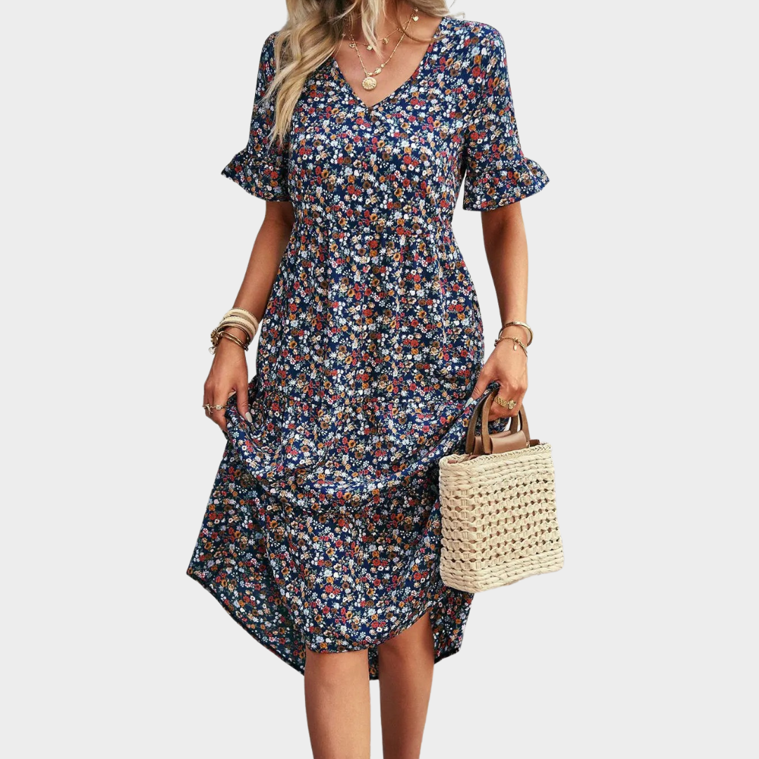 Women's Floral V-Neck A-Line Dress – Short Sleeve – High Waist – Lightweight Printed Fabric – Multiple Colours