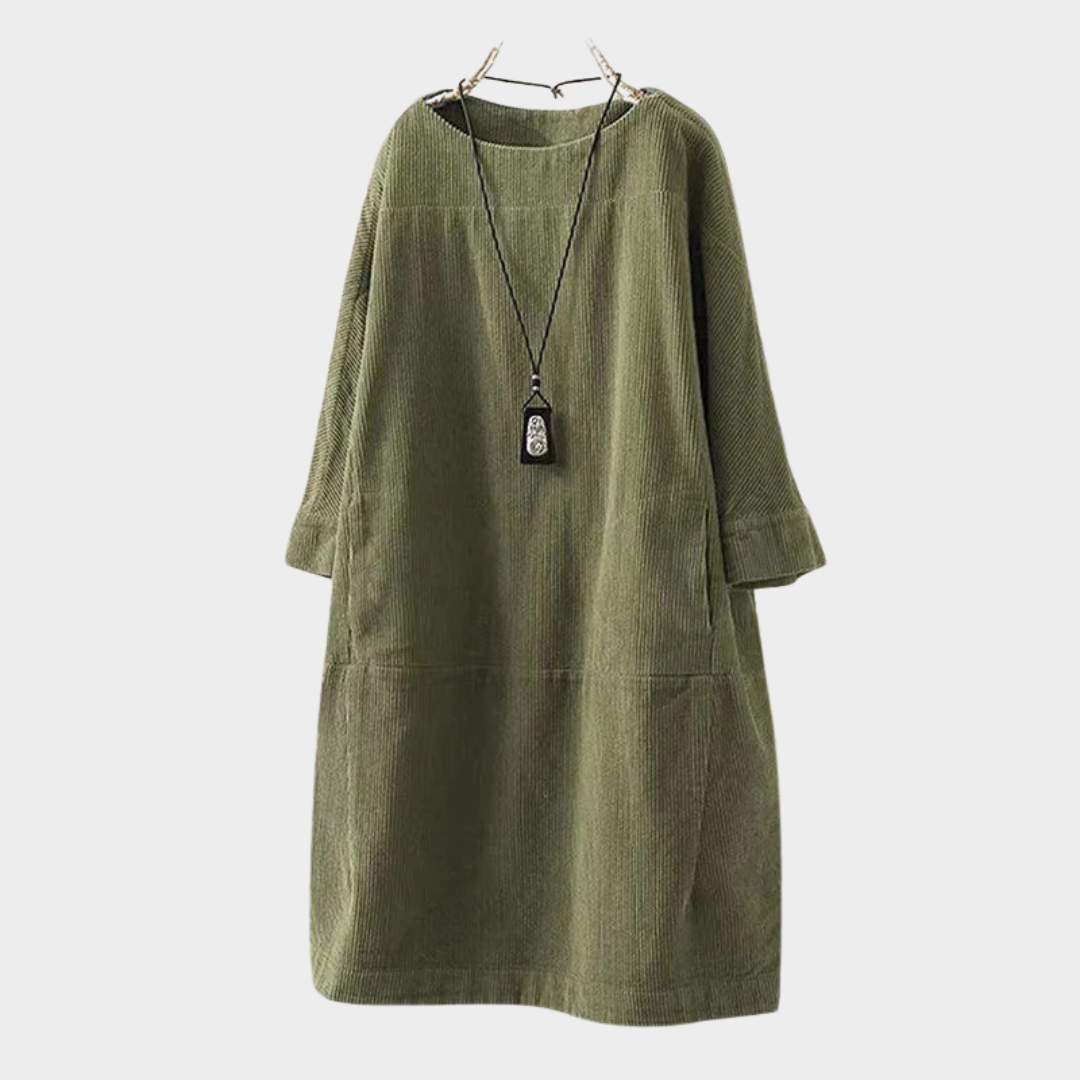 Women Retro Corduroy Dress – Loose Fit Long Sleeve with Round Neck – Solid Colour Vintage Style Comfortable Elegance – Multiple Colours