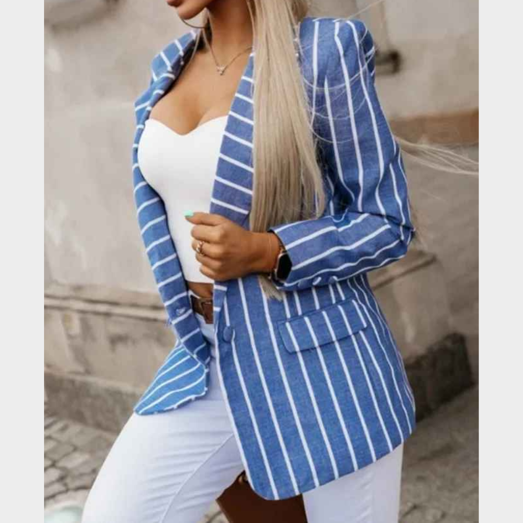 Women’s Striped Print Suit Jacket – Long Sleeve Western-Style Blazer – Elegant Slim Fit Polyester Outerwear – Blue