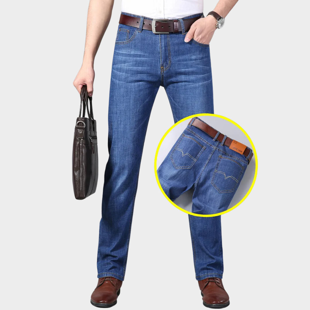 Men's Baggy Straight Jeans - Summer Thin Pants in Light Blue, Black, Dark Blue with High Elasticity