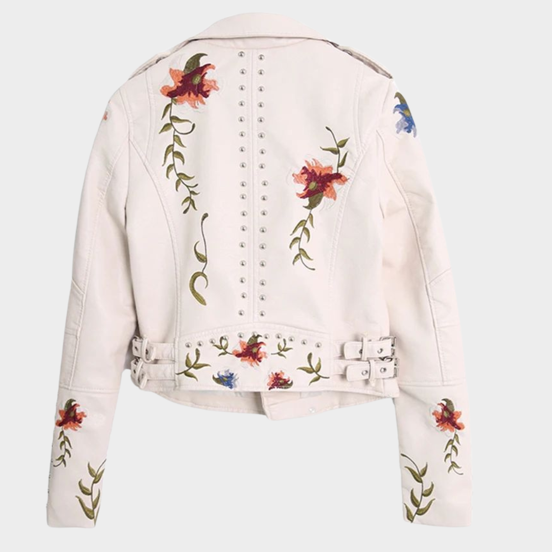Women's Faux Leather Jacket – Floral Embroidery – PU Motorcycle Coat – Casual Outerwear – Multiple Colours