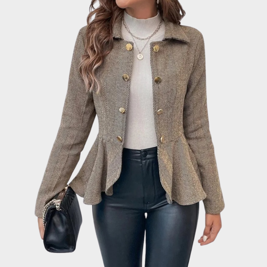 Women's Double Breasted Coat – Slim Fit Jacquard Lapel Jacket with Ruffled Long Sleeves – Multiple Colours