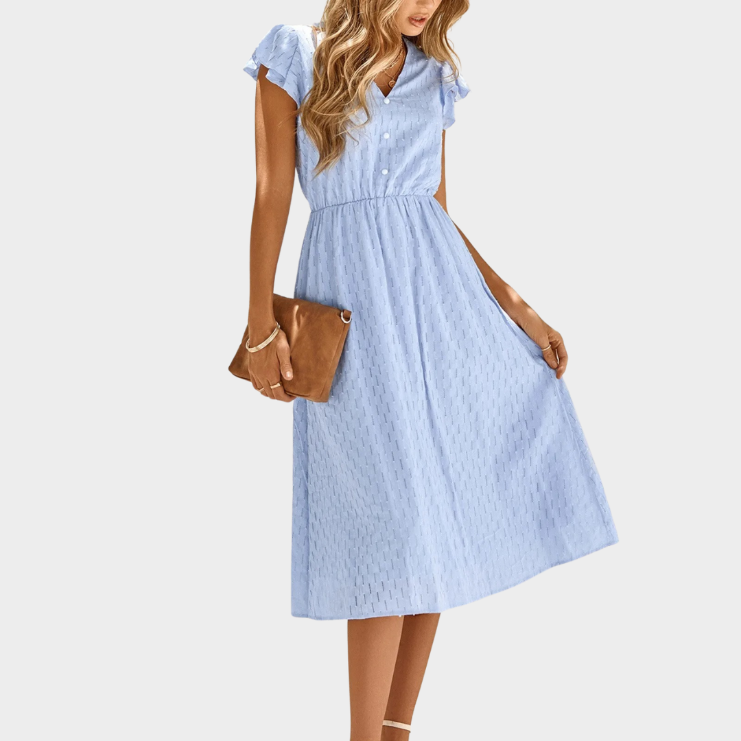 Women’s V-Neck Buttoned Midi Dress – Elegant Flutter Short Sleeve Fit with Solid Colour Design – Soft Lightweight Fabric – Multiple Colours