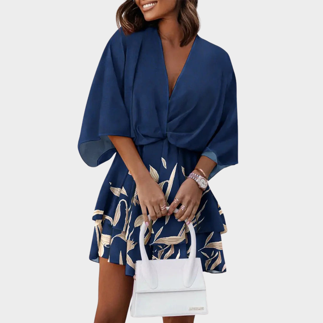 Women's V-Neck Mini Dress - Loose Fit - Bat Sleeve - Printed A-Line - Multiple Colours