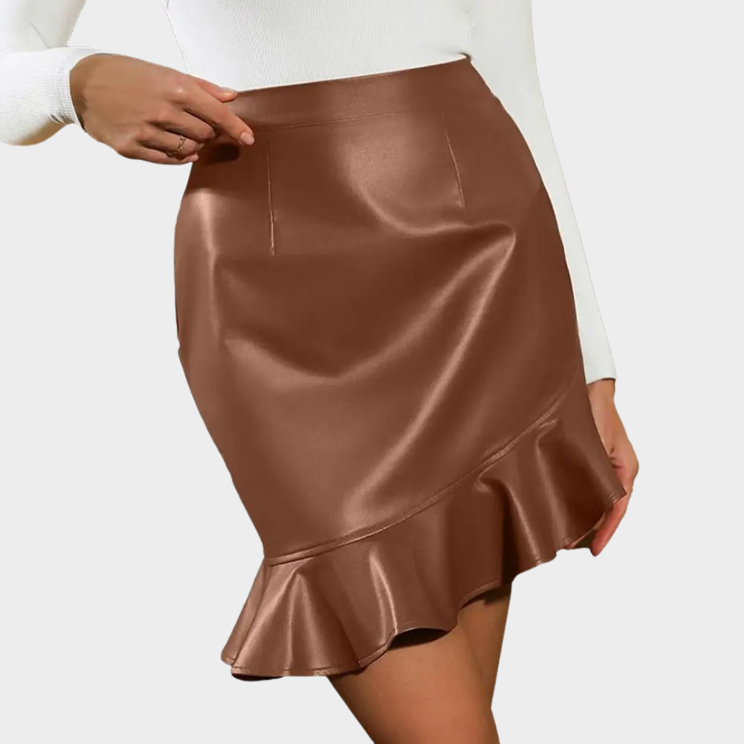 Women’s Faux Leather Mini Skirt – High Waist Bodycon Style with Ruffle Trim – Matte Finish Streetwear – Multiple Colours