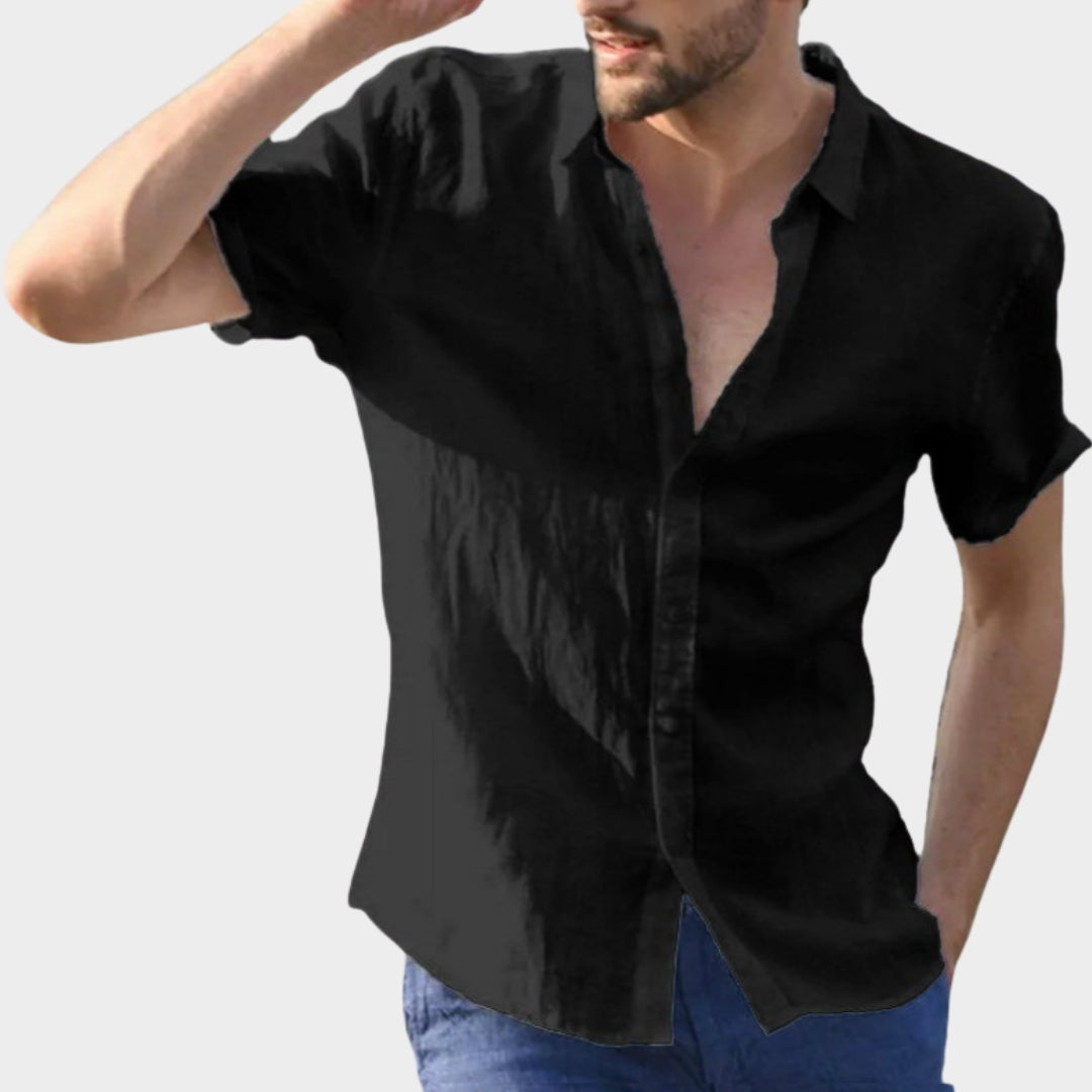 Men's Short-Sleeve Shirt - Turn-Down Collar - Cotton Linen Blend - Lightweight & Breathable - Multiple Colours