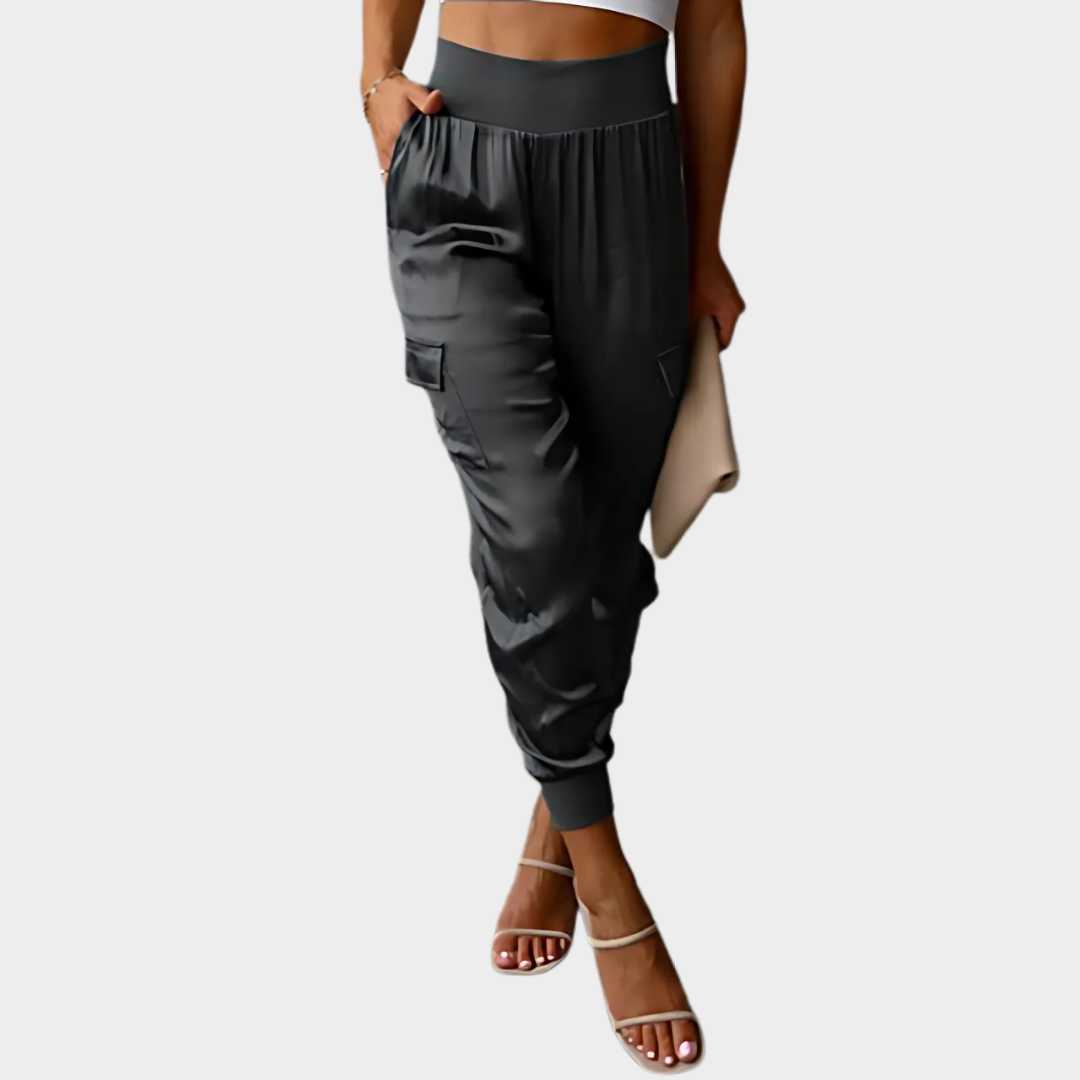 Women's Satin Cargo Trousers – Elastic Waist Office Casual Pants – Multiple Colours