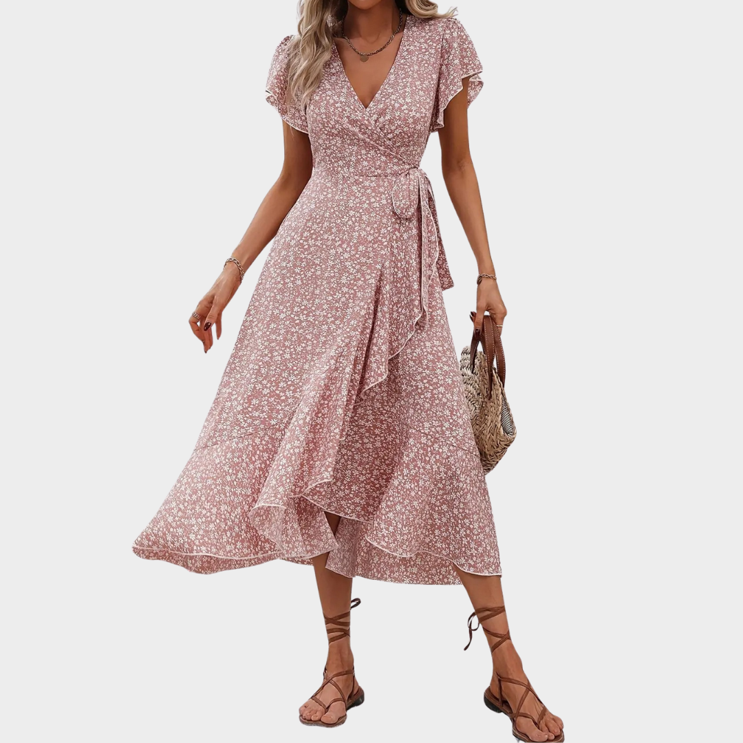 Women’s Midi Dress – Flowy Split Skirt with V-Neck and Short Sleeves – Floral Print Lightweight Fit – Multiple Colours