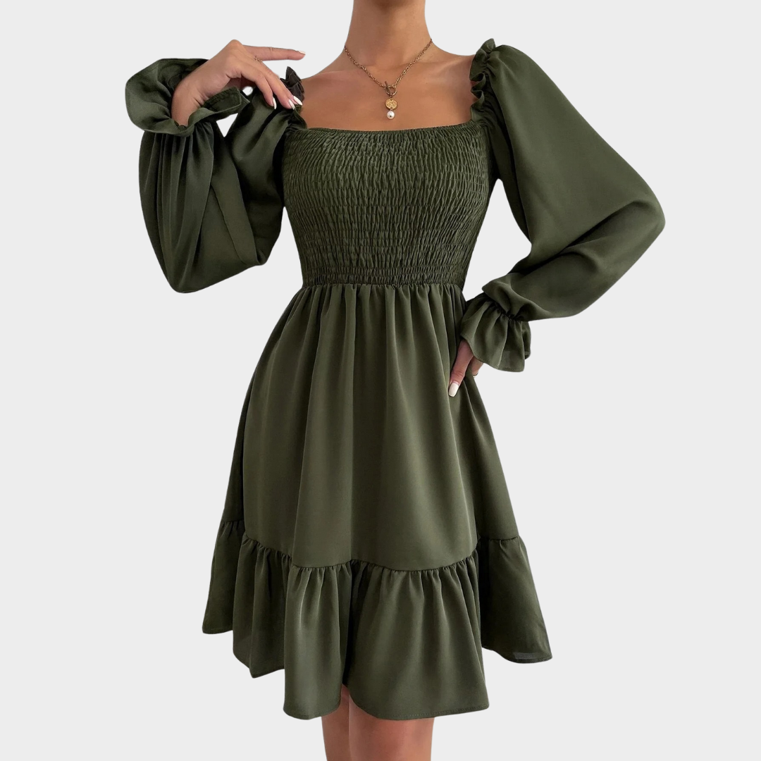 Women’s Long Sleeve Ruffle Hem Dress – Square Neck Solid Colour Fit – Bell Sleeves with Seam Detail – Soft Fabric Casual Style – Multiple Colours