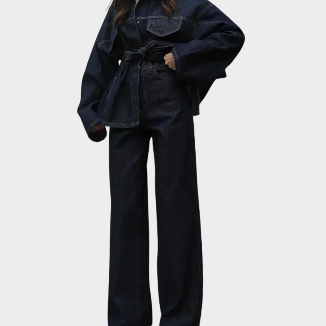 Women’s Denim Jacket & Trousers Set – Vintage Style – Belted Waist – Loose Fit – Blue