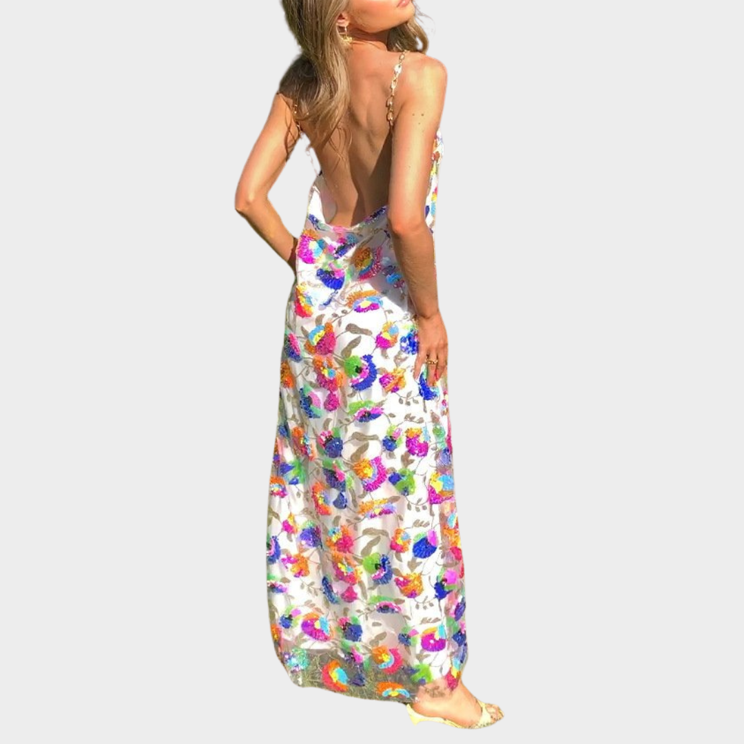 Women's Backless Maxi Dress – Embroidered Sequins – Elegant Floral Design – Flowing Fit – Lightweight Fabric – Multiple Colours