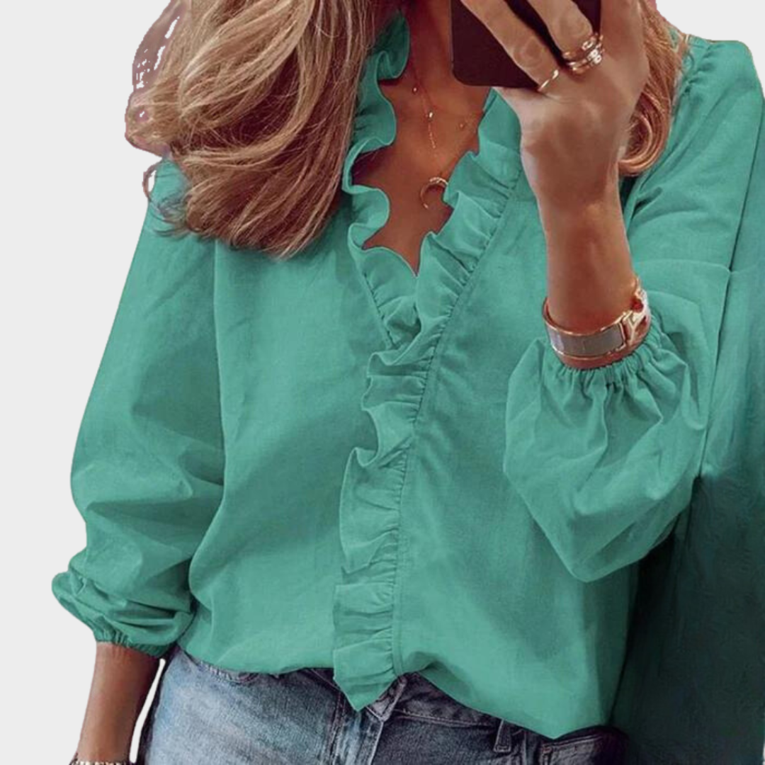 Women's V-Neck Blouse - Long Sleeve - Ruffle Detail - Elastic Cuffs - Multiple Colours