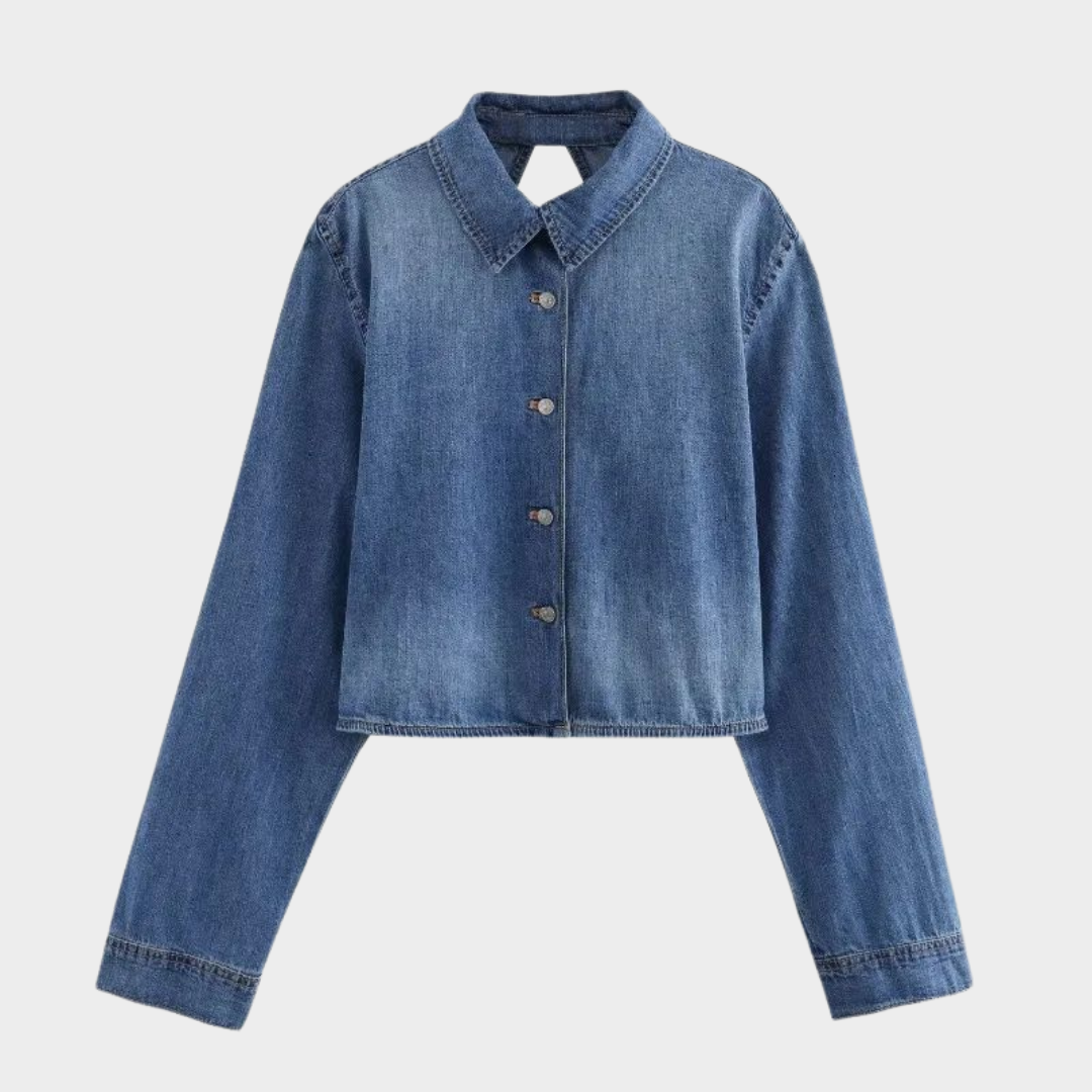 Women's Backless Denim Shirt – Long Sleeve – Vintage Blouse – Stylish Casual Top – Blue