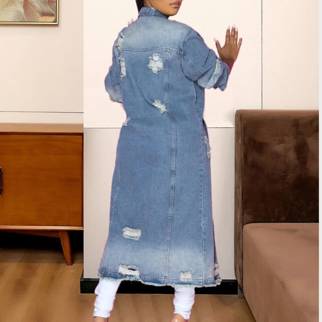 Women Longline Denim Coat – Ripped Raw Hem Button Front Jacket with Pockets – Casual High Street Outerwear – Multiple Colours