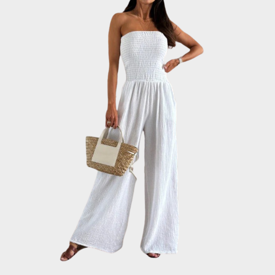 Women Strapless Jumpsuit – Smocked Top – Wide Leg – Relaxed Fit – Cotton Feel – Multiple Colours