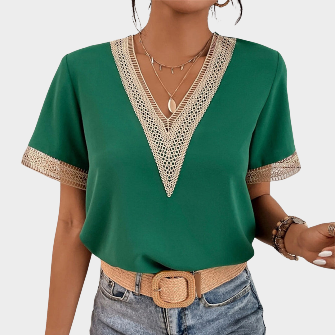 Women's V-Neck Lace T-Shirt - Short Sleeve - Slim Fit - Soft Fabric - Multiple Colours