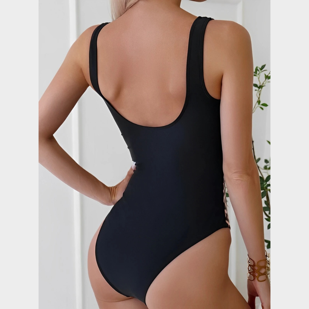Women One Piece Swimsuit – Slim Fit Leopard Print Bathing Suit – Vintage Style with Stretch Comfort – Black
