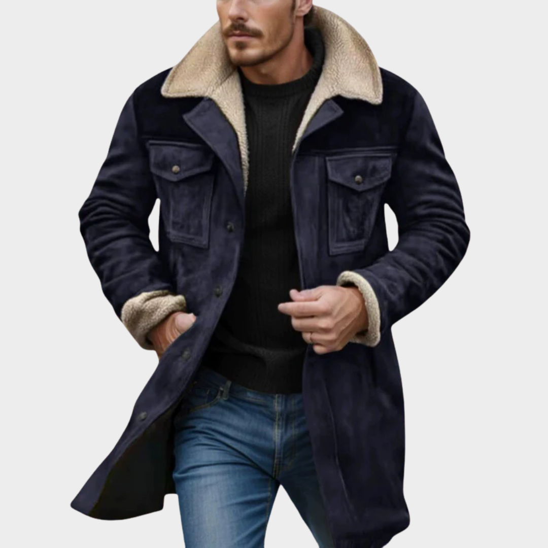 Men’s Vintage Suede Jacket – Mid-Length Motorcycle Coat with Plush Lapel Long Sleeves Zip Closure – Multiple Colours