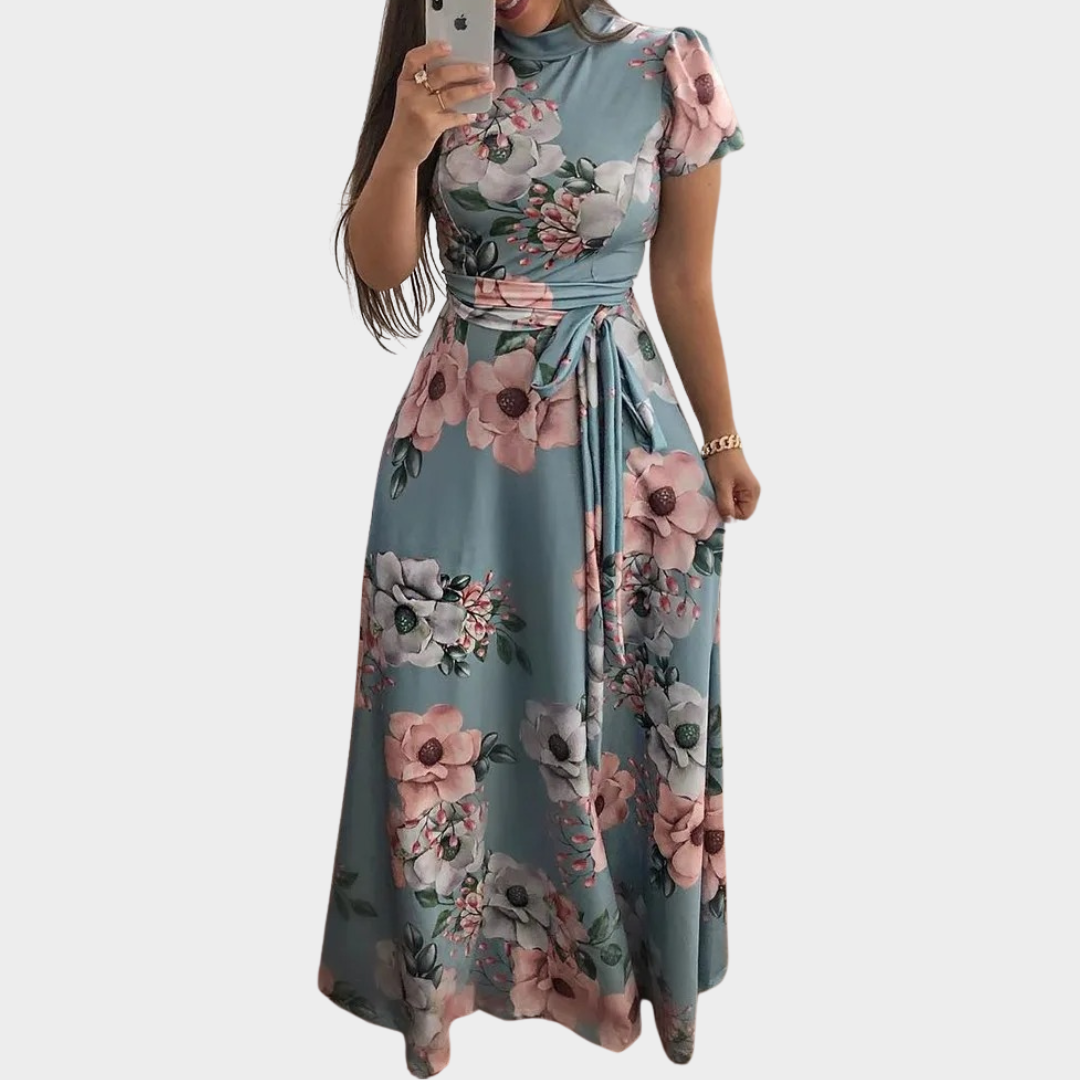 Women's Boho High Neck Maxi Dress – Floral Print Belted Party Dress – Short/Long Sleeve – Multiple Colours