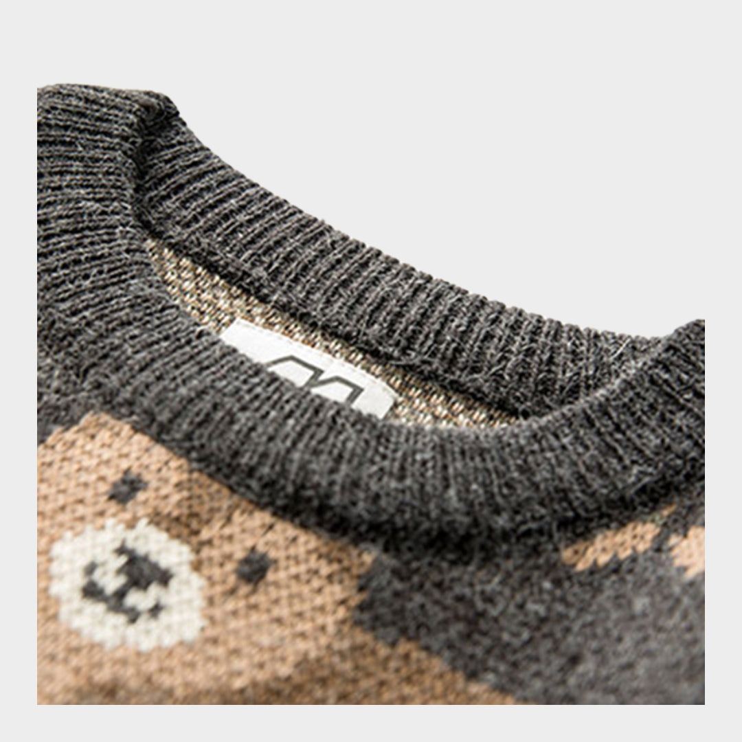Mens Winter Vintage Sweater - Japanese Cute Bear Knitted Harajuku Streetwear, Black & White