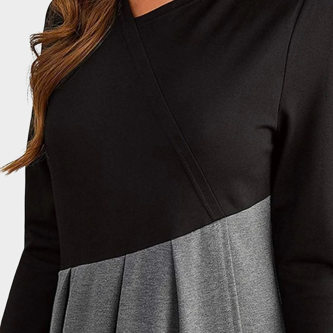 Women Elegant V-Neck Long Sleeve Dress – Tweed A-Line Mid Waist with Colour Block Design – Sophisticated Casual Wear – Grey