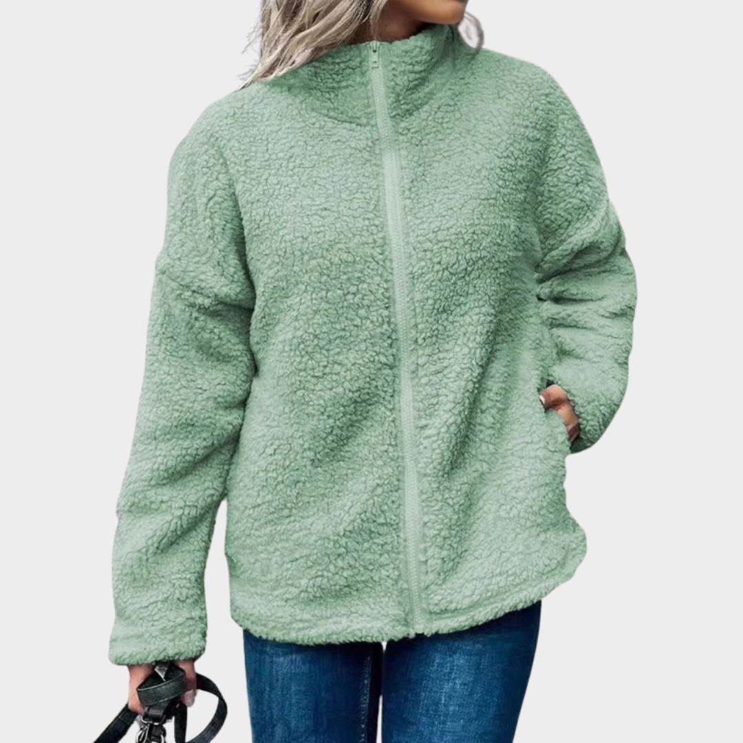 Women’s Oversized Fleece Coat – Wool Blend Casual Jacket with Stand Collar and Zip Front – Multiple Colours