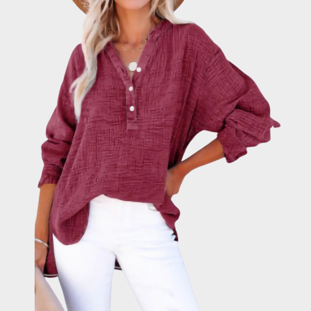 Women’s Long-Sleeve Blouse – Pleated Button Front Top – Relaxed Fit – Lightweight Fabric – Multiple Colours