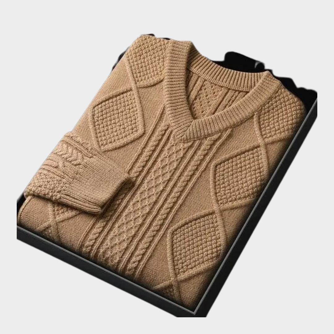 Men's Jacquard Pullover Sweater – Chicken Heart Neck, Long Sleeve, Casual Thickened Knitwear (Navy Blue, Khaki, and More)