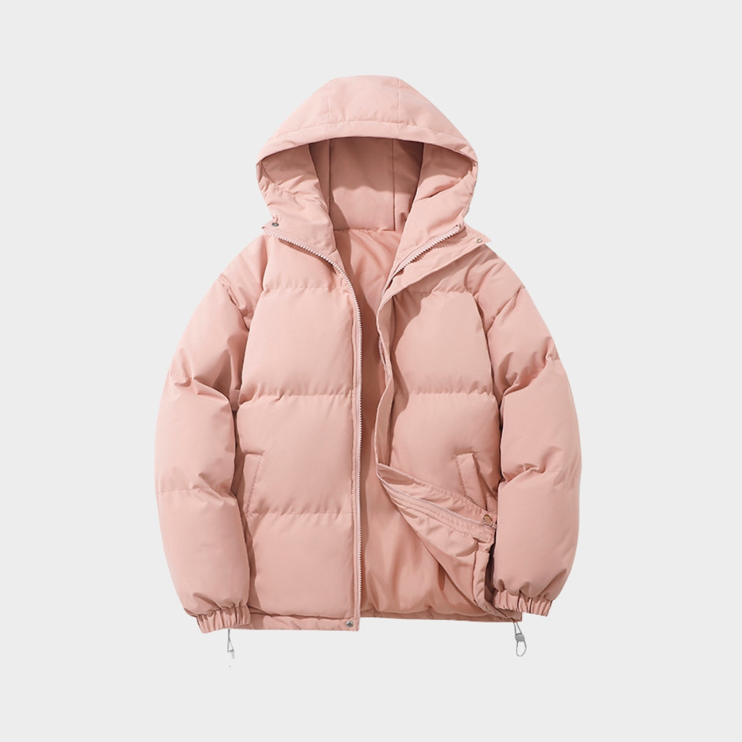 Women’s High Neck Hooded Puffer Jacket - Cotton Padded, Zipper Design, Warm Autumn Winter Coat, Purple, Off-white, Black, and More