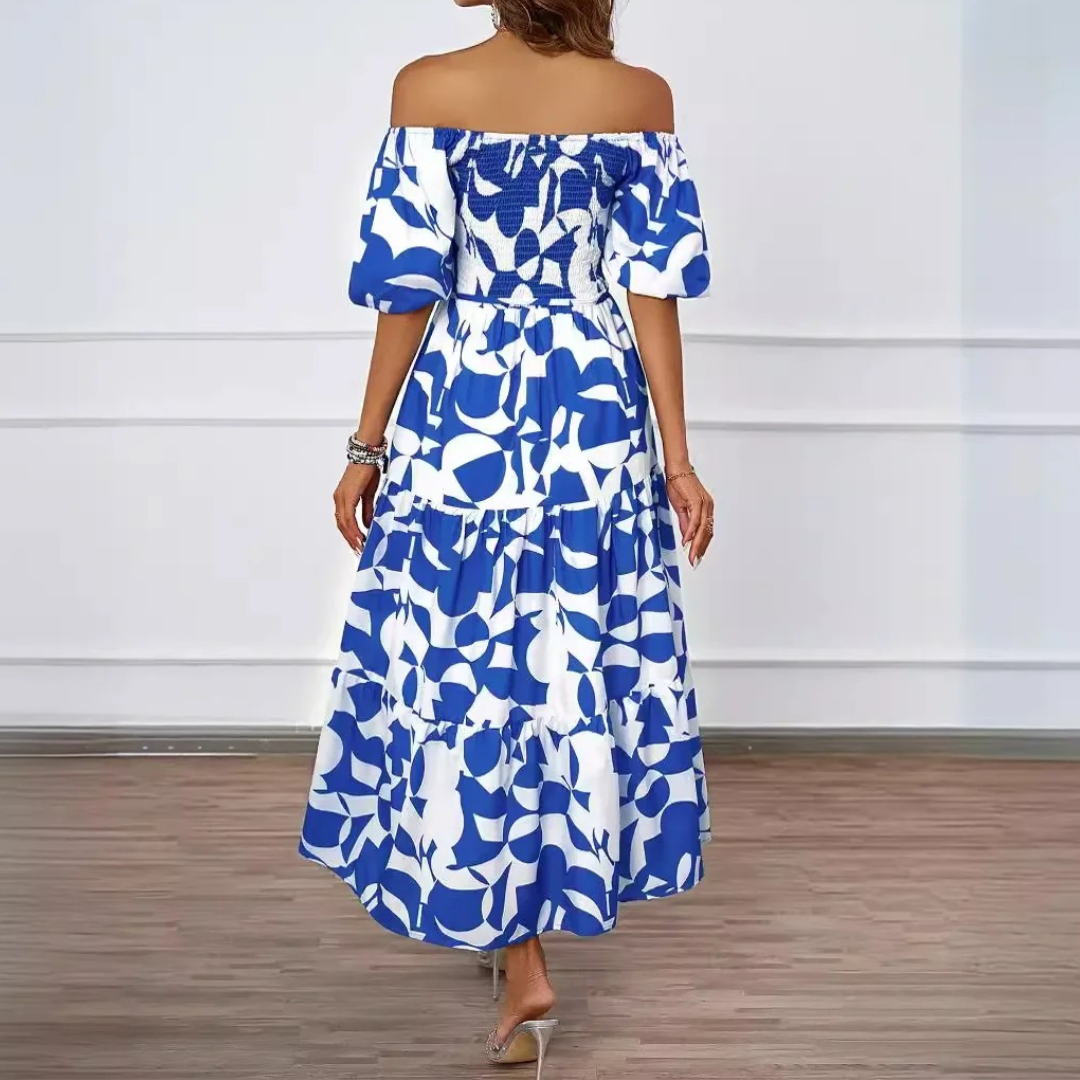 Women Backless Maxi Dress – Floral Print Slash Neck Puff Sleeve Fit – Multiple Colours