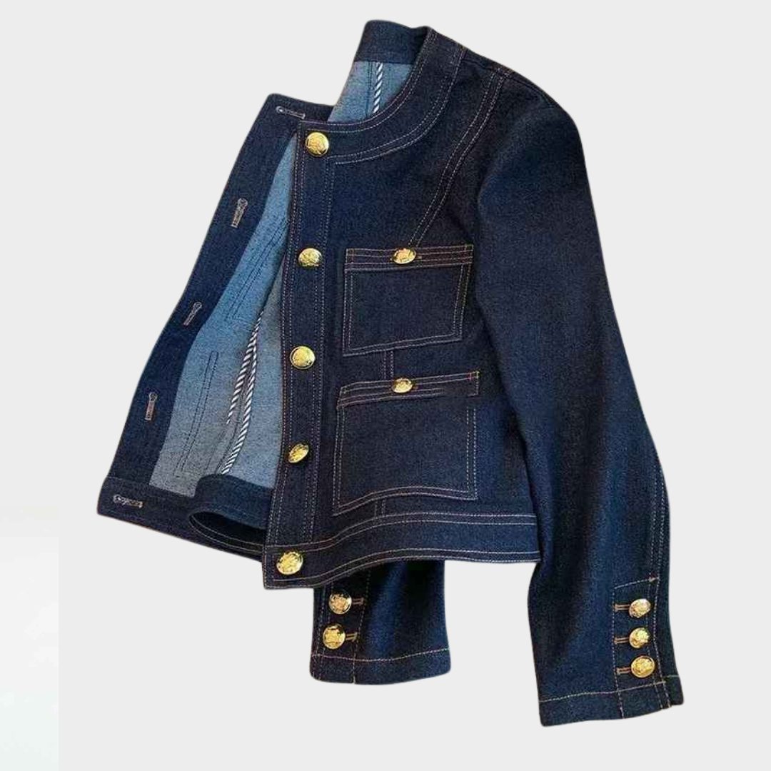 Women's Denim Jacket - Short Loose Fit - Classic O-Neck Coat - Button-Up with Pockets - Blue