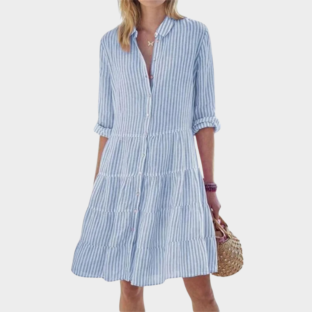 Women’s Long Sleeve Shirred Shirt Dress – Striped Lapel Design with Multi-Layer Patchwork Hem – Multiple Colours