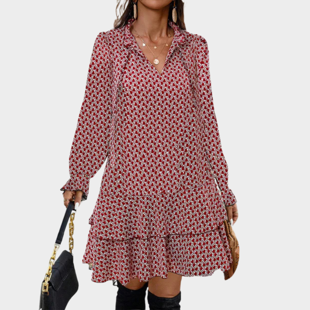 Women's Bohemian Tie-Up V-Neck Dress – Long Sleeve – Relaxed Fit – Lightweight Printed Fabric – Multiple Colours