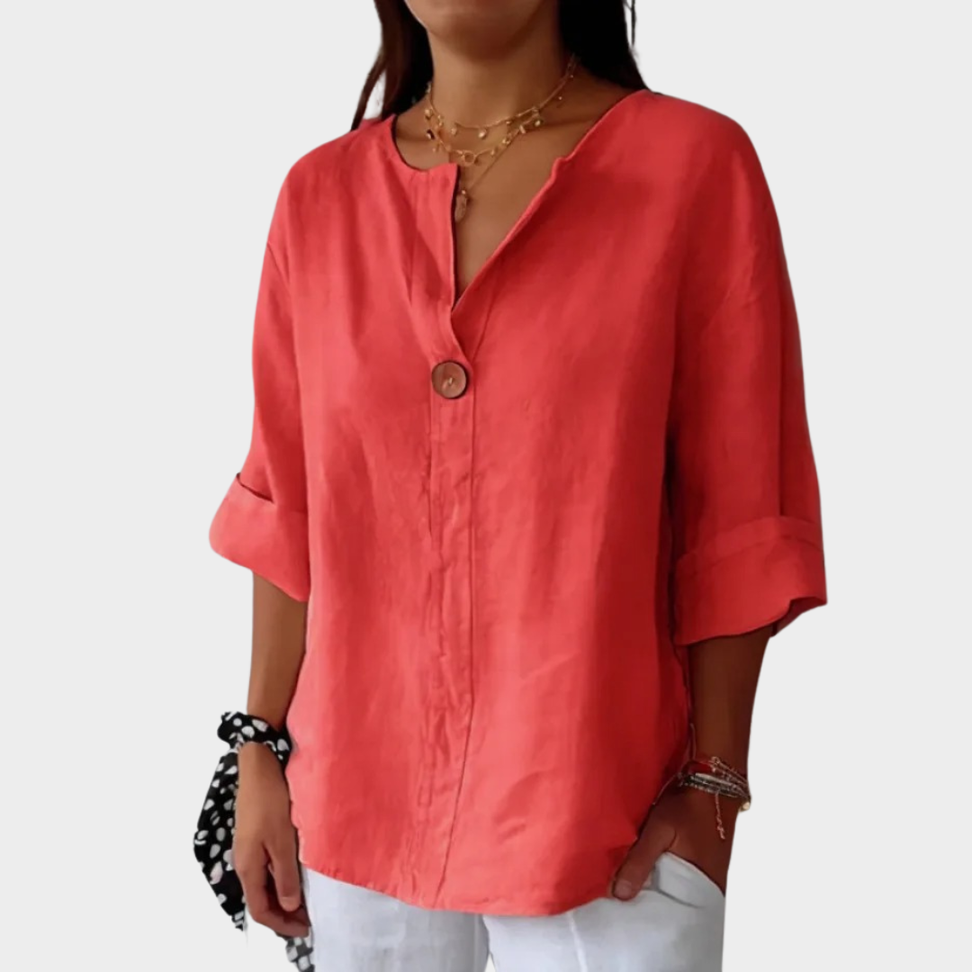 Women V-Neck T-Shirt – Loose Fit Cotton Linen Button Front Top – Multiple Colours