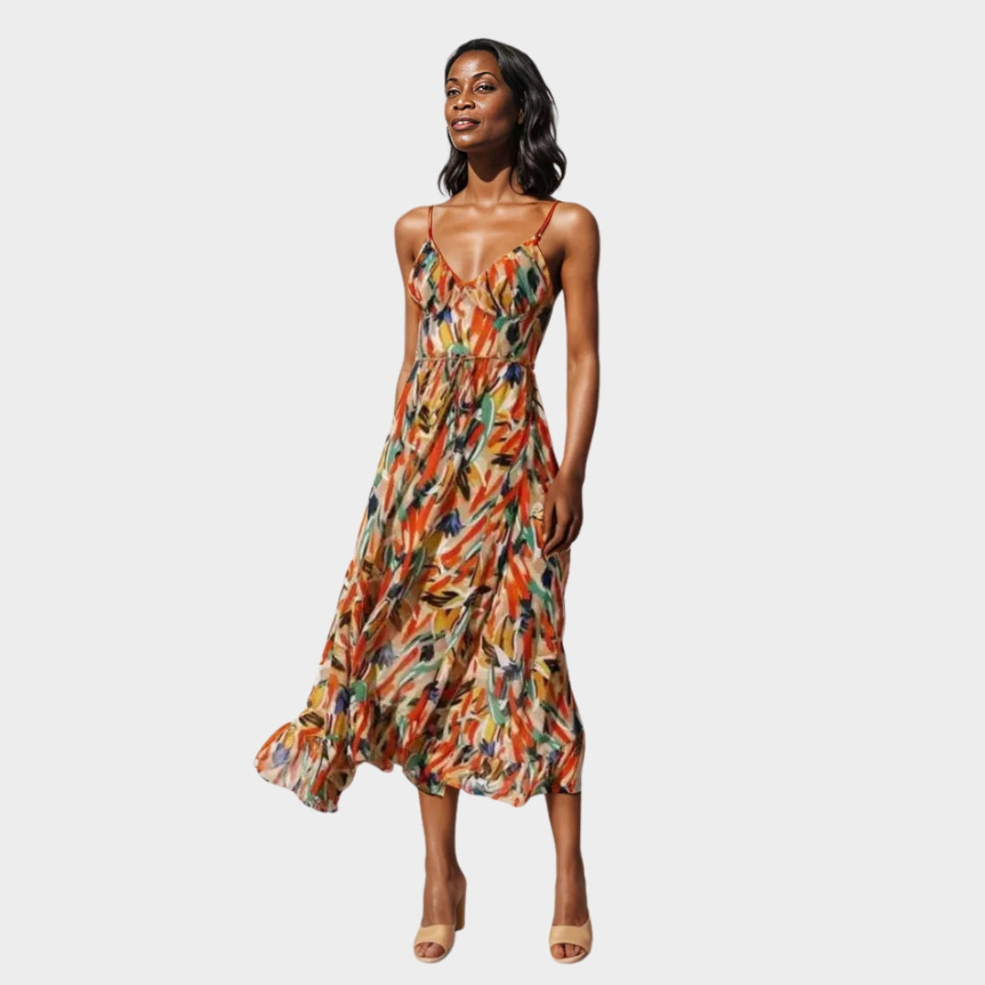 Women's Loose-Fit Slip Dress - V-Neck Spaghetti Straps - Colorful Print - Summer Dress - Green & Orange